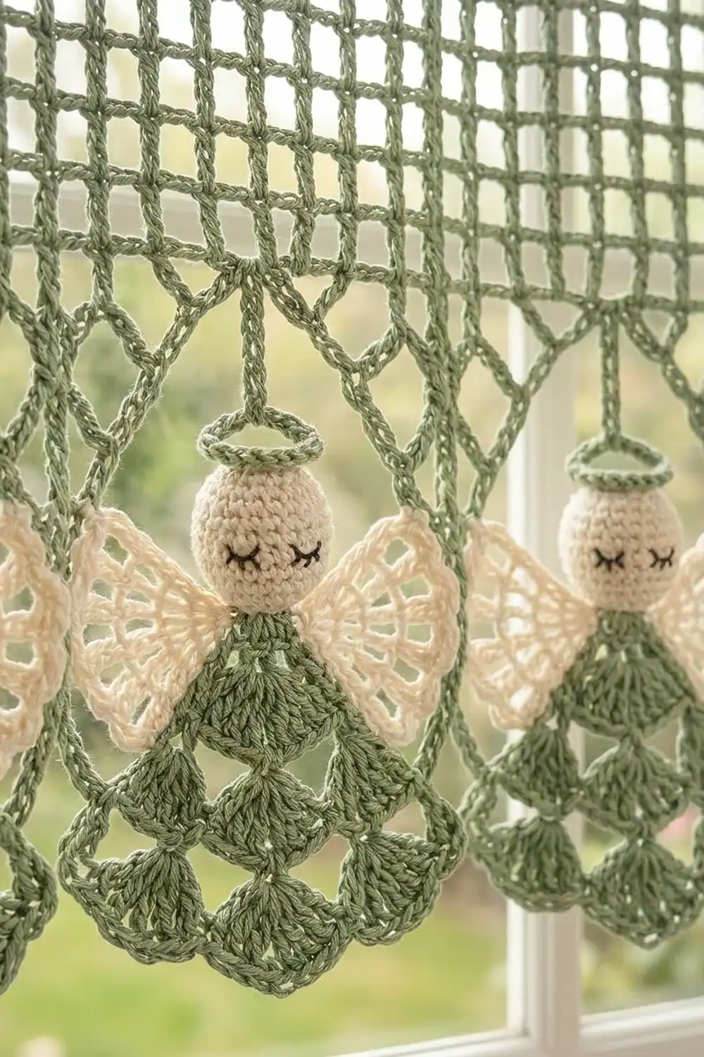 Crocheted angel ornaments with cream heads, green wings, and bodies hanging from green macramé cord against a window.