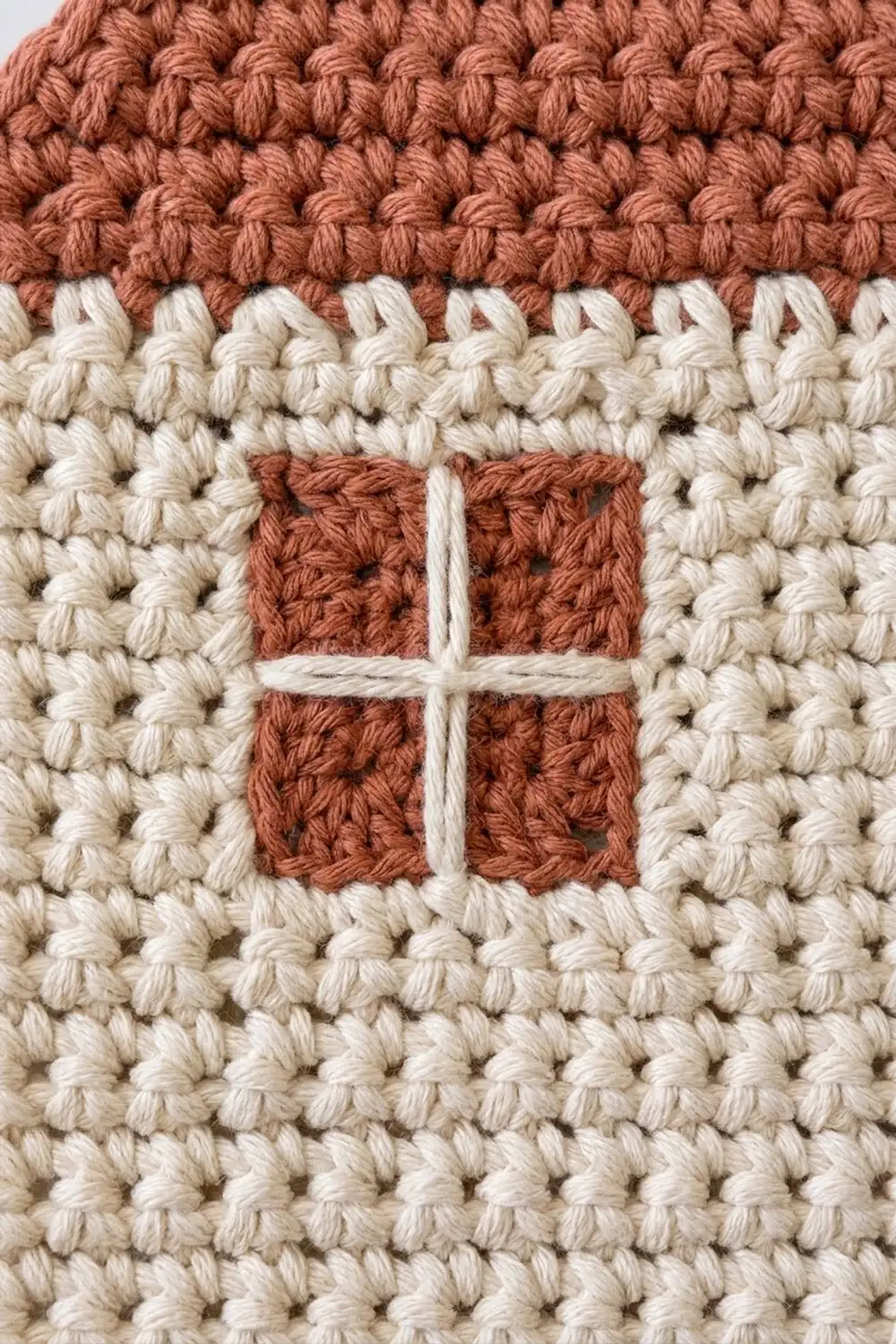 Close-up of crocheted blanket showing a rust-colored cross pattern in relief against cream yarn.