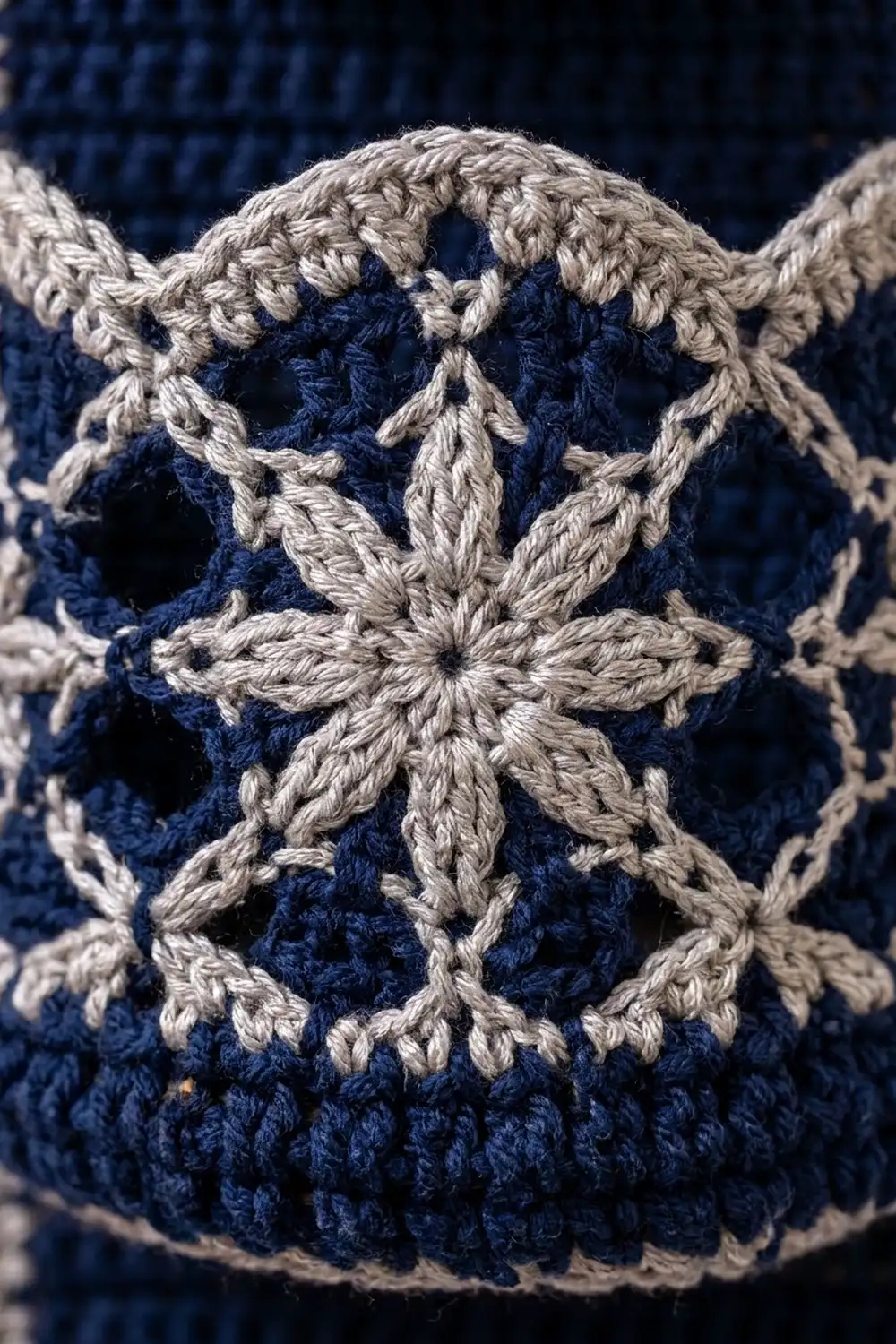 Cream-colored crochet snowflake motifs with detailed textured stitching against a deep navy blue background.