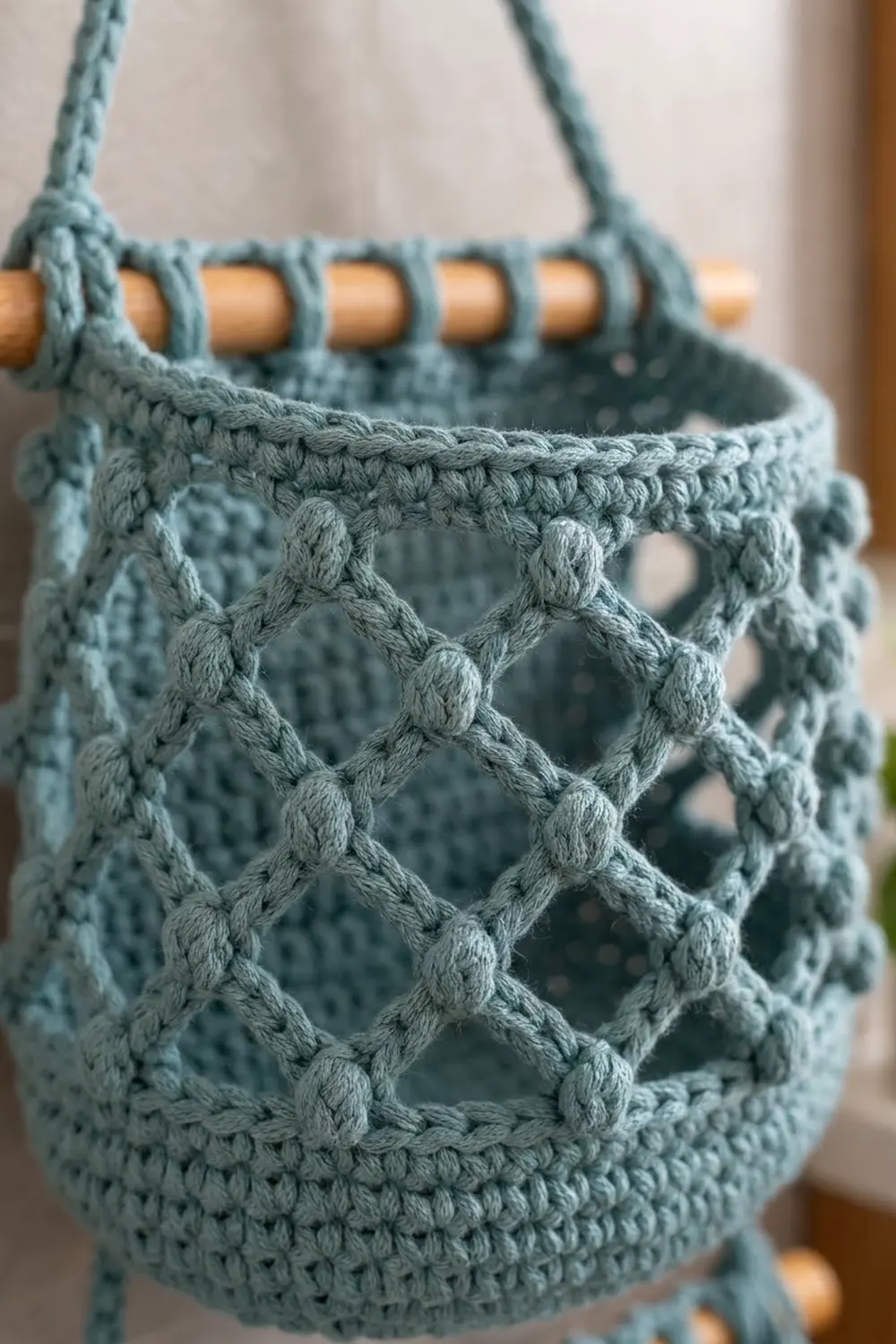 Close-up of a sage green crocheted bag with diamond lattice openwork and wooden dowel handle.
