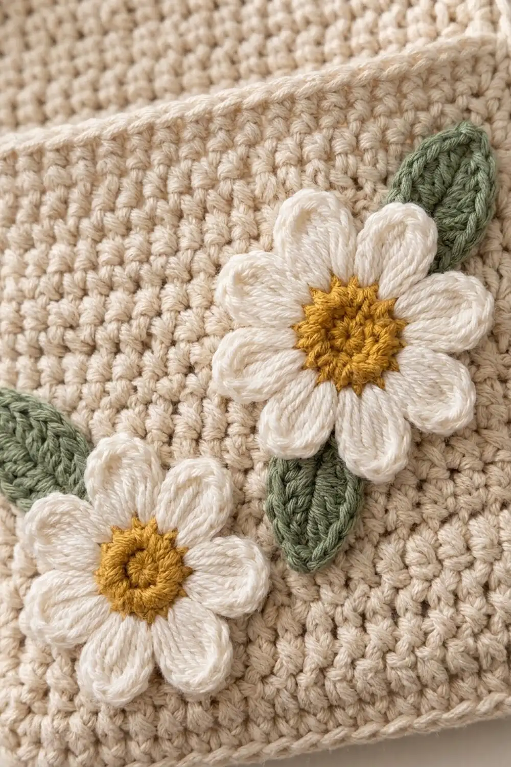 Textured cream knit fabric decorated with white crochet daisies with golden centers and green leaves.