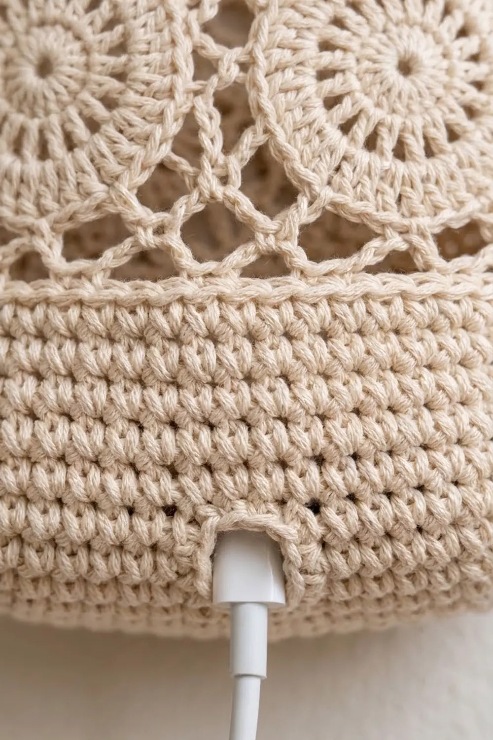 Cream crochet fabric with delicate diamond lace detail above dense stitching, hung on a white rod.