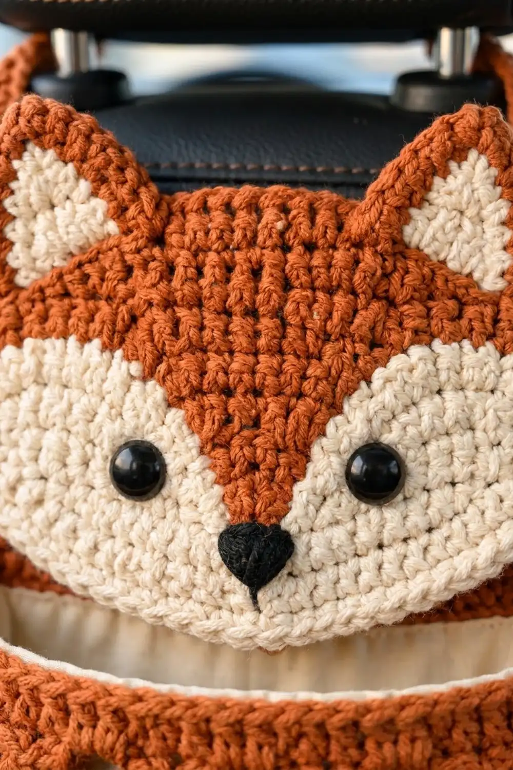 Crocheted fox face in orange and cream yarn with black eyes and nose, showing detailed stitch texture.