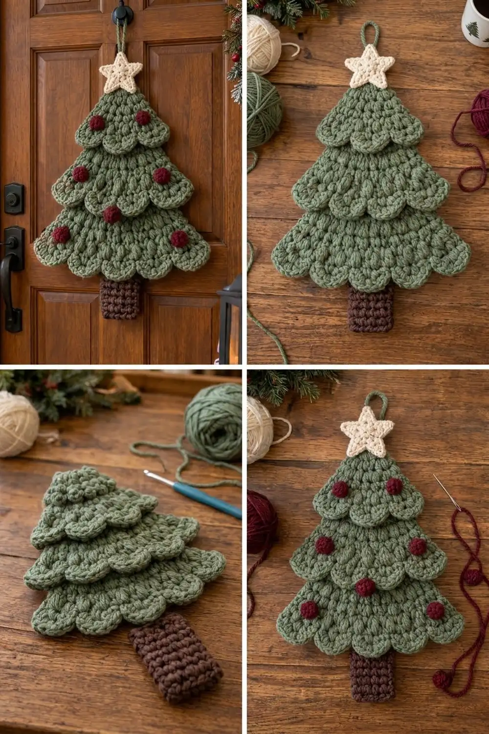Crocheted sage-green Christmas tree ornament with red baubles and cream star, displayed among yarn and crochet hooks on rustic wood.