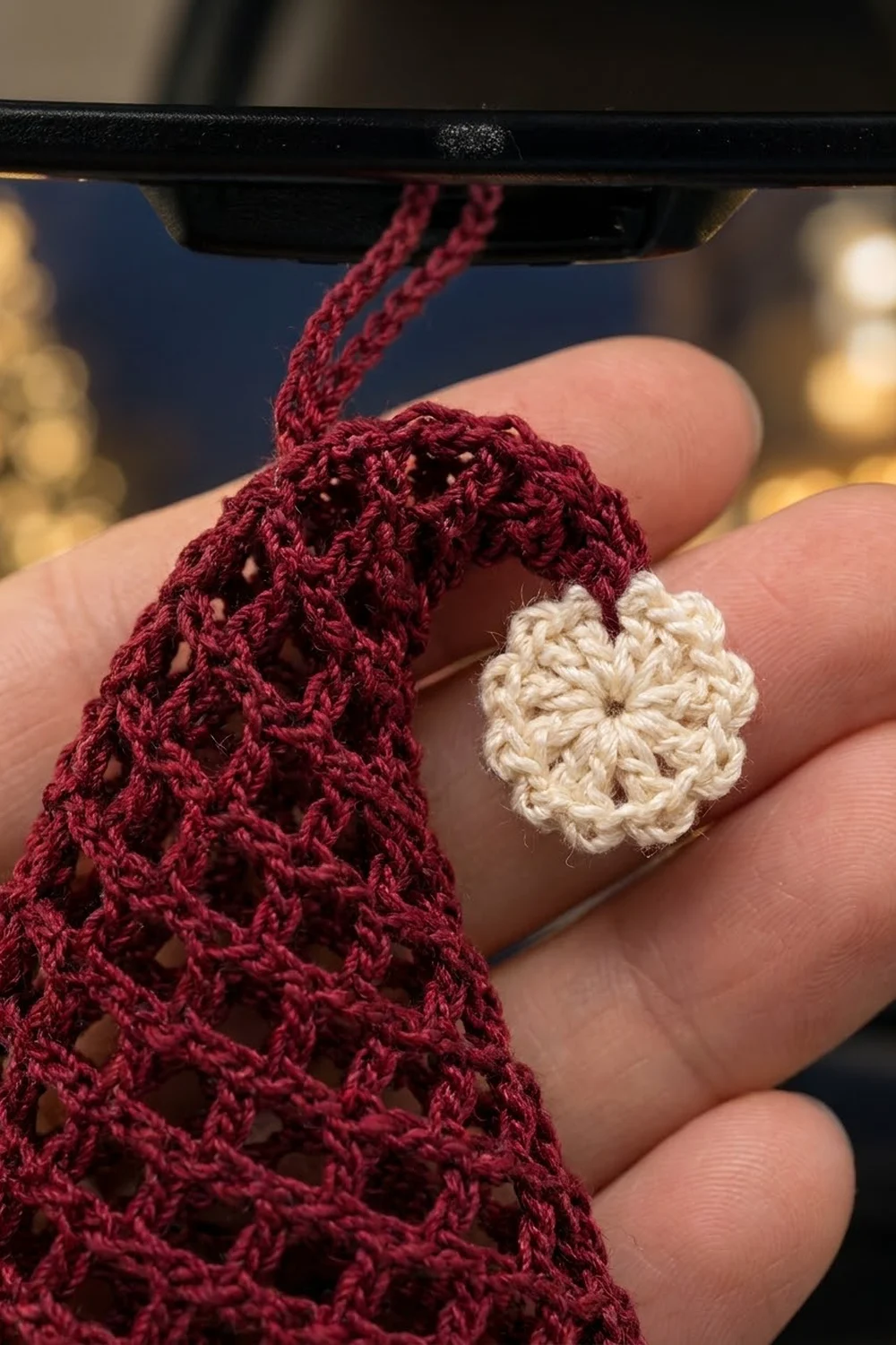 Hands holding burgundy lace crochet with a small cream-colored crocheted flower charm attached.