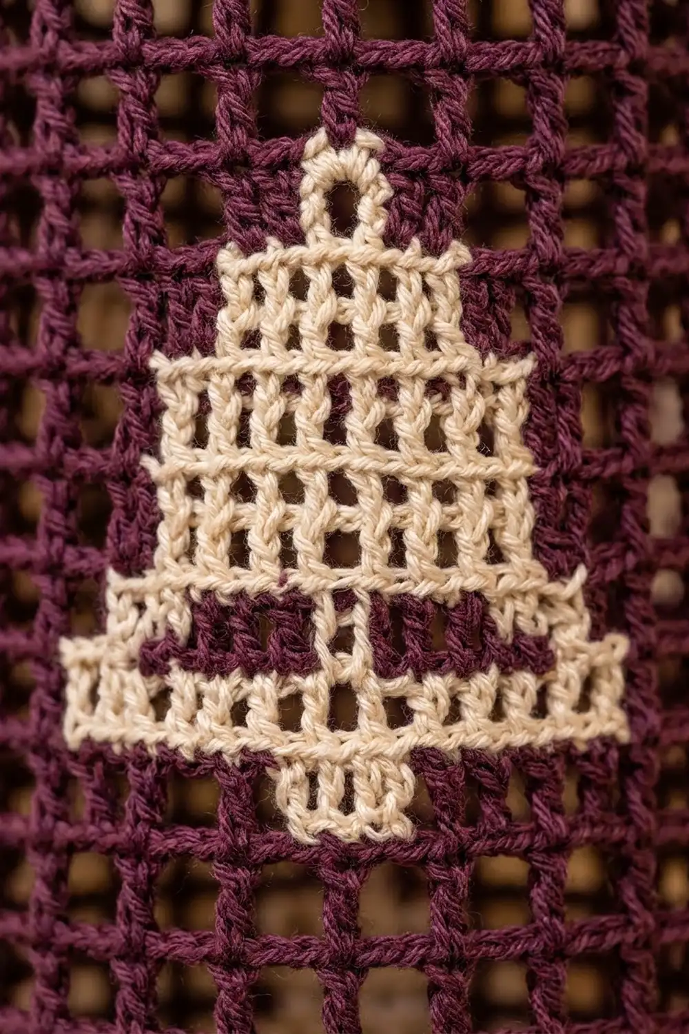 Cream crochet lantern ornament stitched onto deep burgundy latticed mesh fabric.