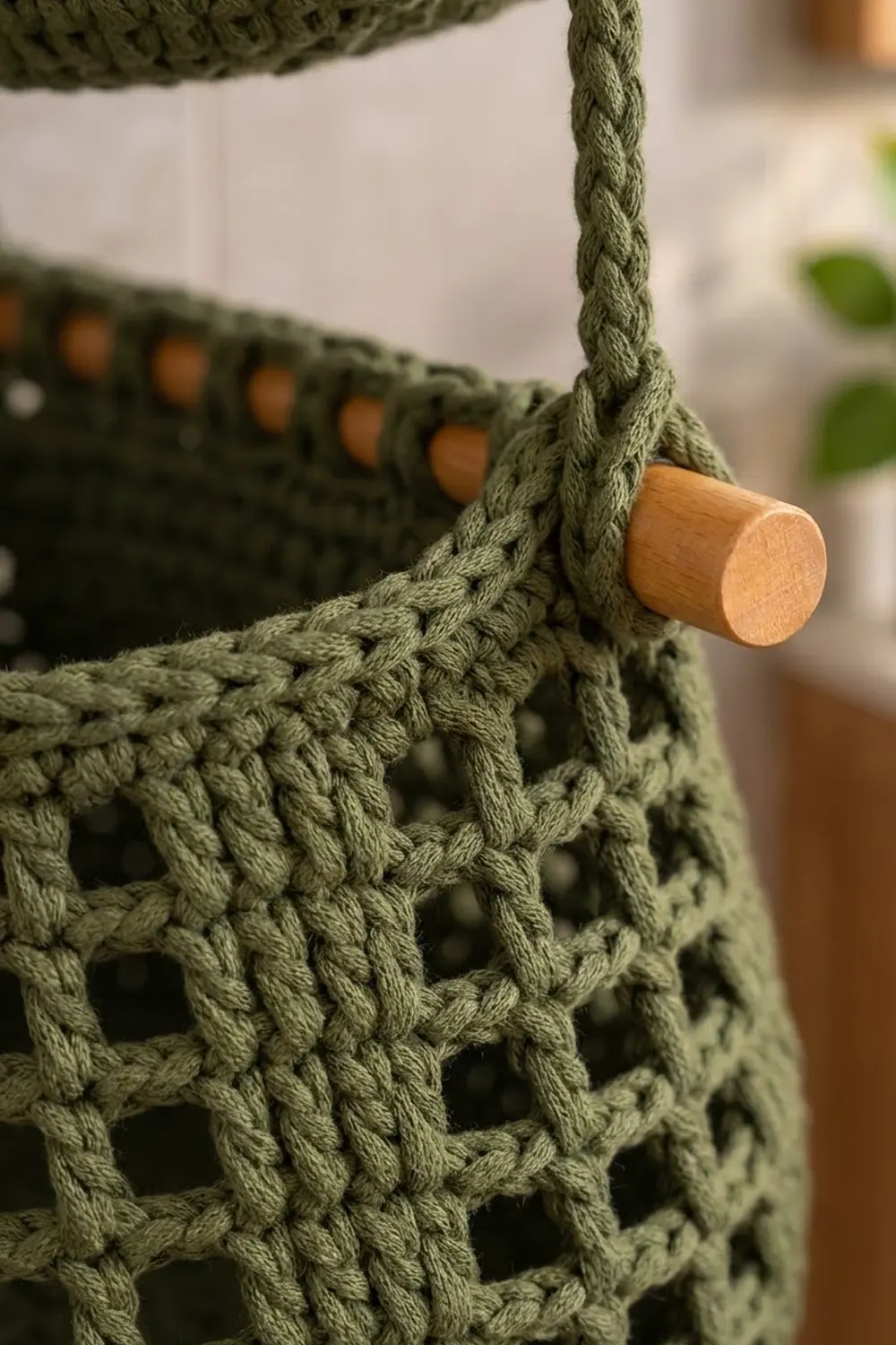 Sage green crocheted bag detail showcasing openwork mesh pattern with natural wood bead handle.
