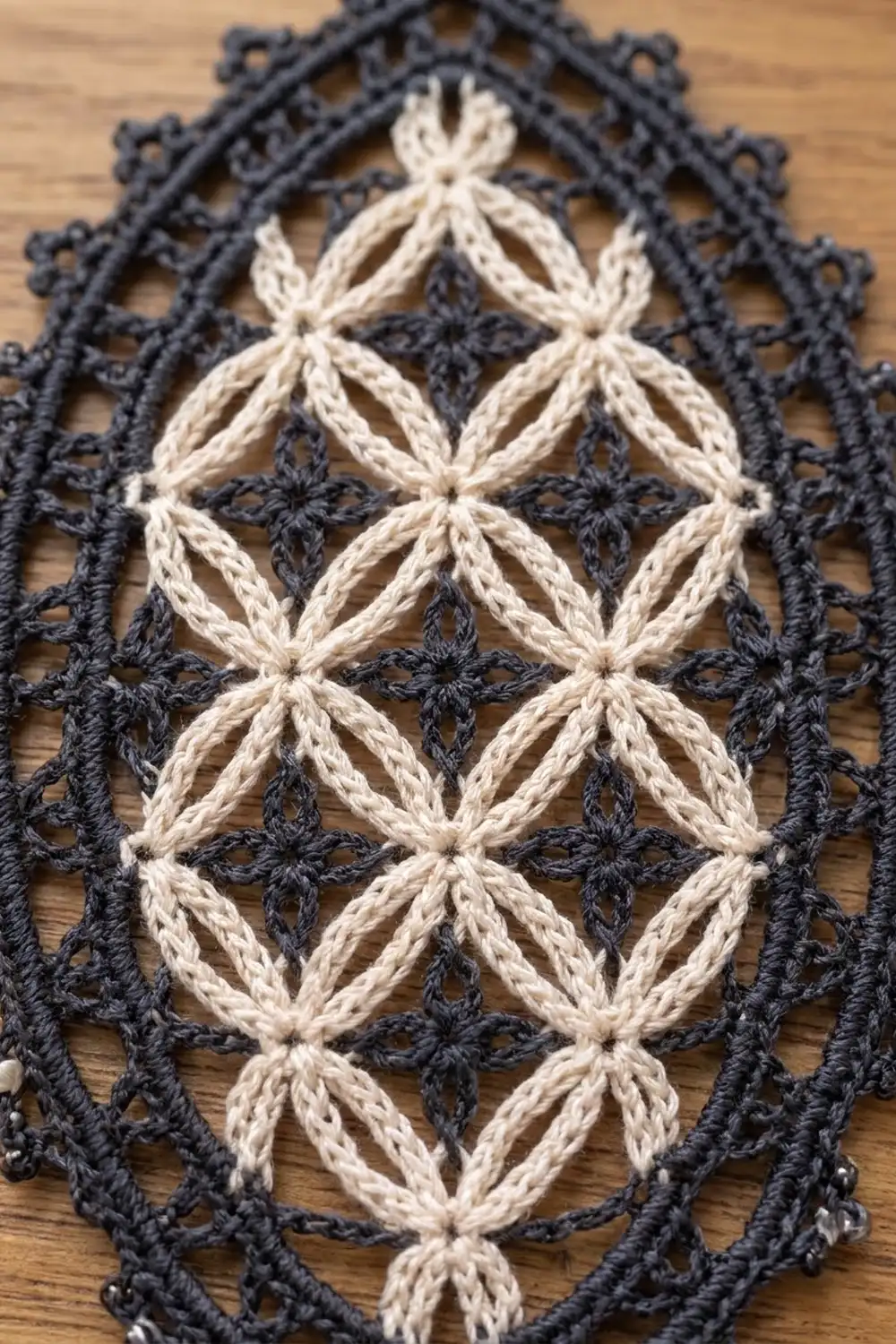 Geometric crochet lace with cream diamond medallions accented by navy borders on wooden surface.