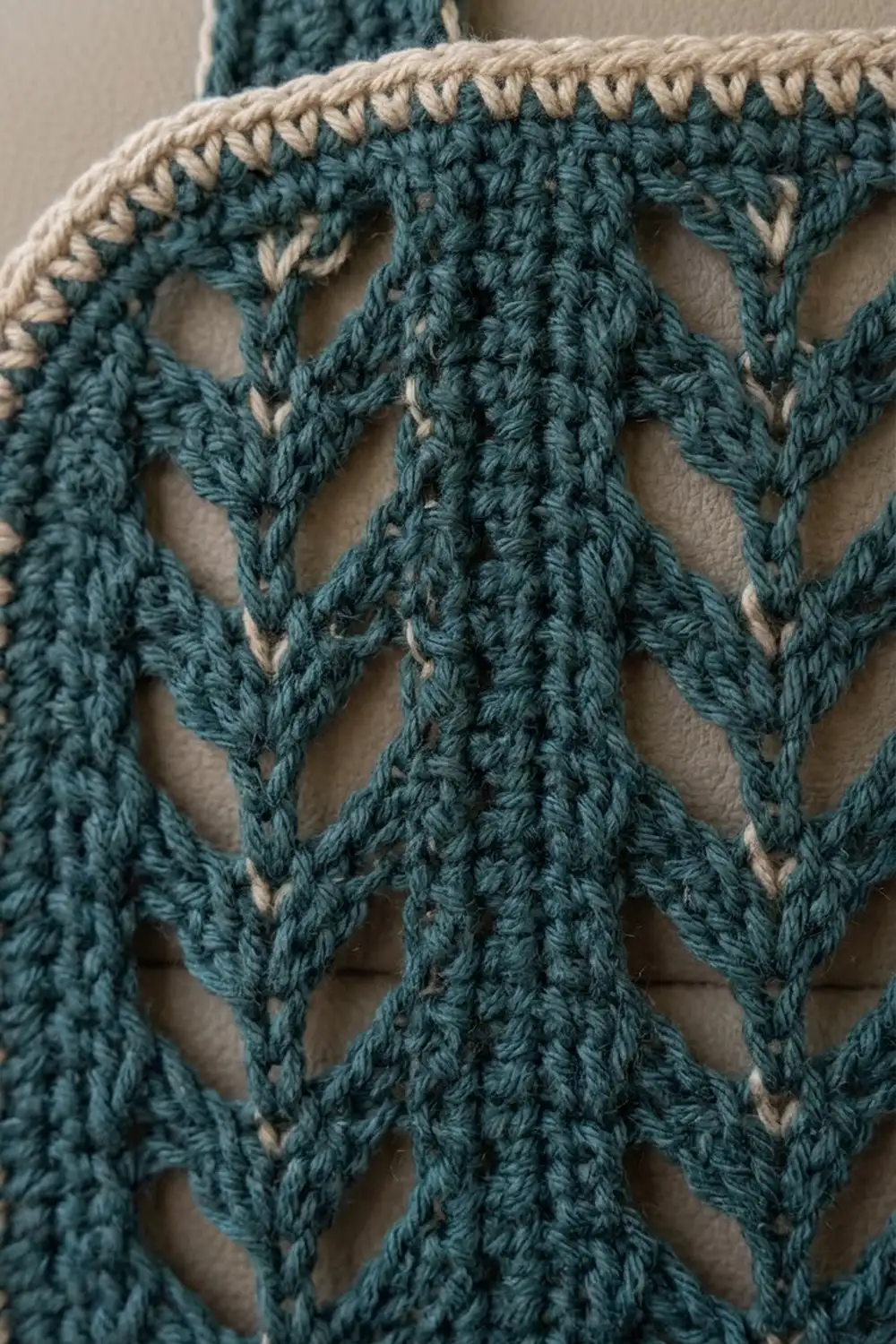 Close-up of teal crochet lace with cream trim, showing detailed diamond-shaped openwork and yarn texture.