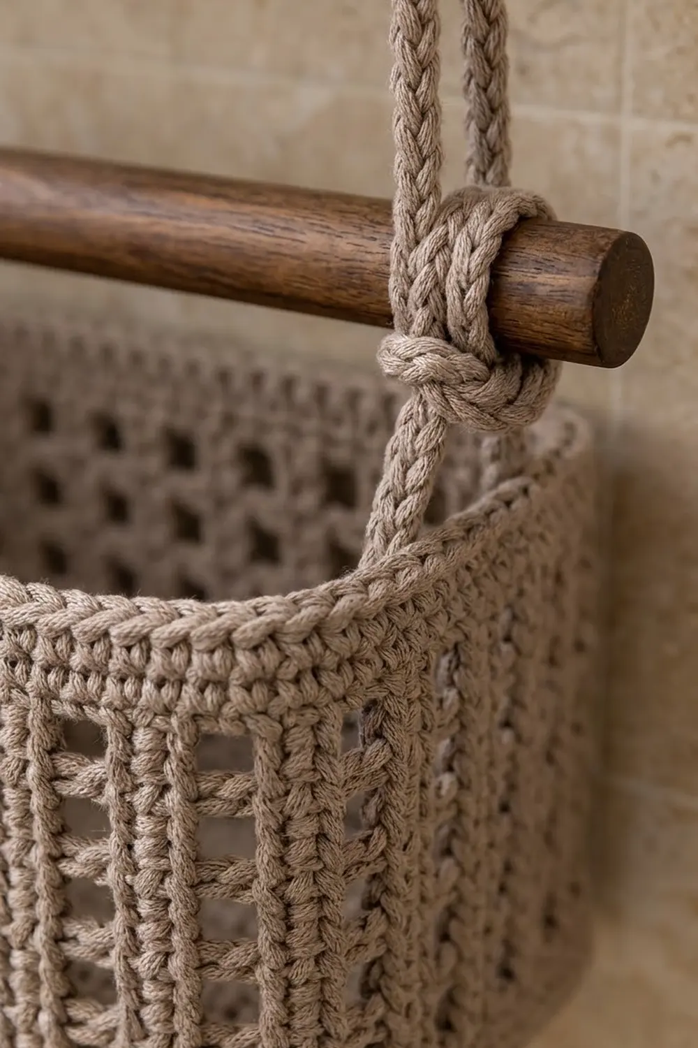 Close-up of beige twisted rope knotted around a dark wood dowel, detail of a hanging macramé plant hanger.