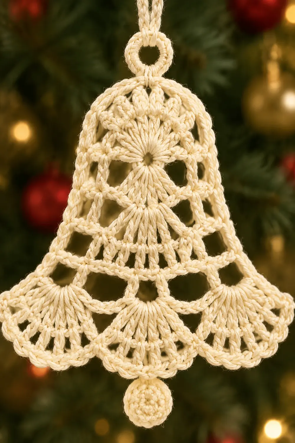 Cream-colored macramé bell ornament with intricate knotwork hanging against a blurred festive background.