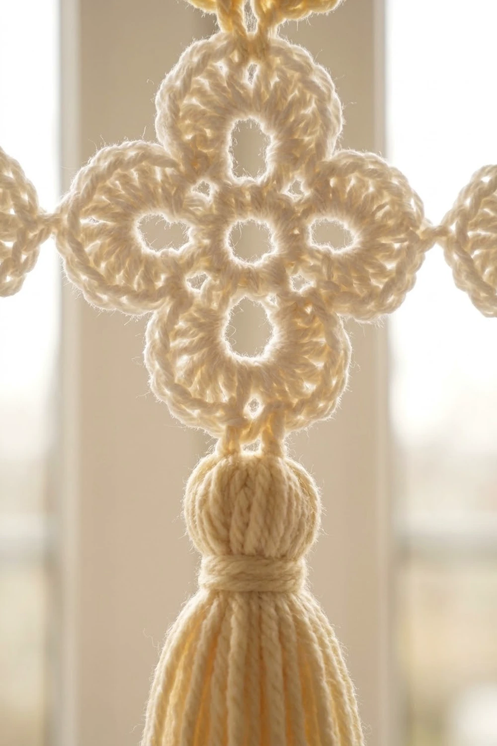 A delicate cream-colored crocheted cross ornament with intricate openwork details and a tassel bottom.