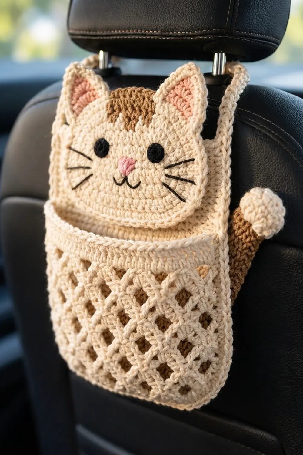 Crocheted cream cat ornament with brown, pink, and black details hanging from a black car headrest.