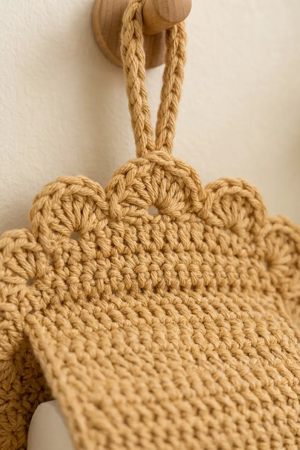 Close-up of tan crocheted bear hanging from braided cords attached to a wooden knob against a plain white wall.