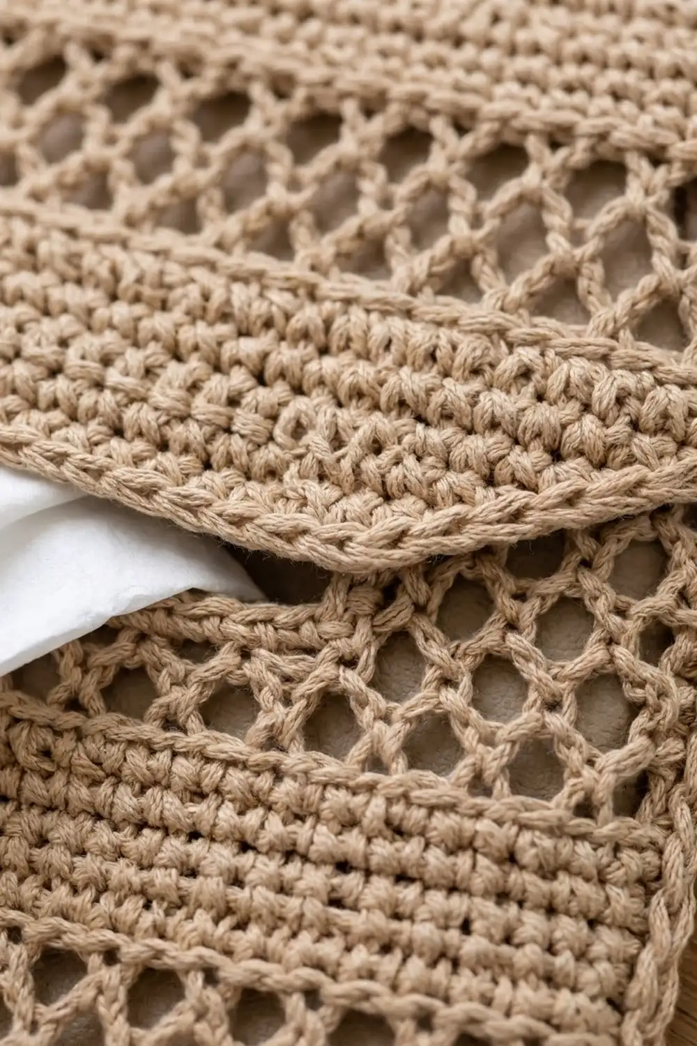 Layered beige crocheted swatches displaying intricate openwork stitch patterns with visible texture and detail.