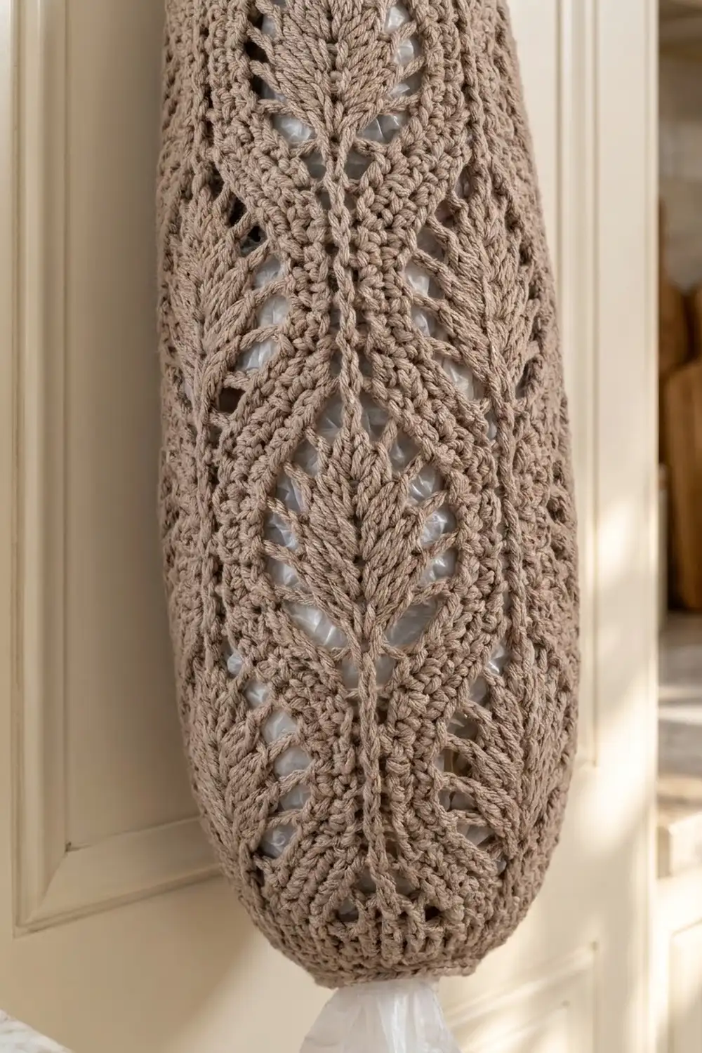 Beige crocheted lace fabric showing symmetrical openwork diamond pattern with textured yarn detail.