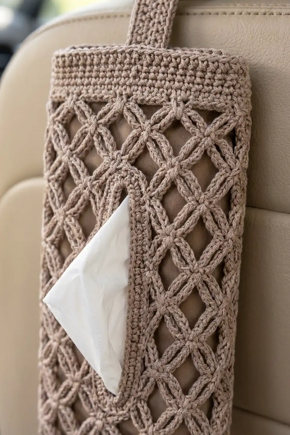 Close-up of beige crocheted tissue container with diamond lattice openwork and white tissue visible through the pattern.