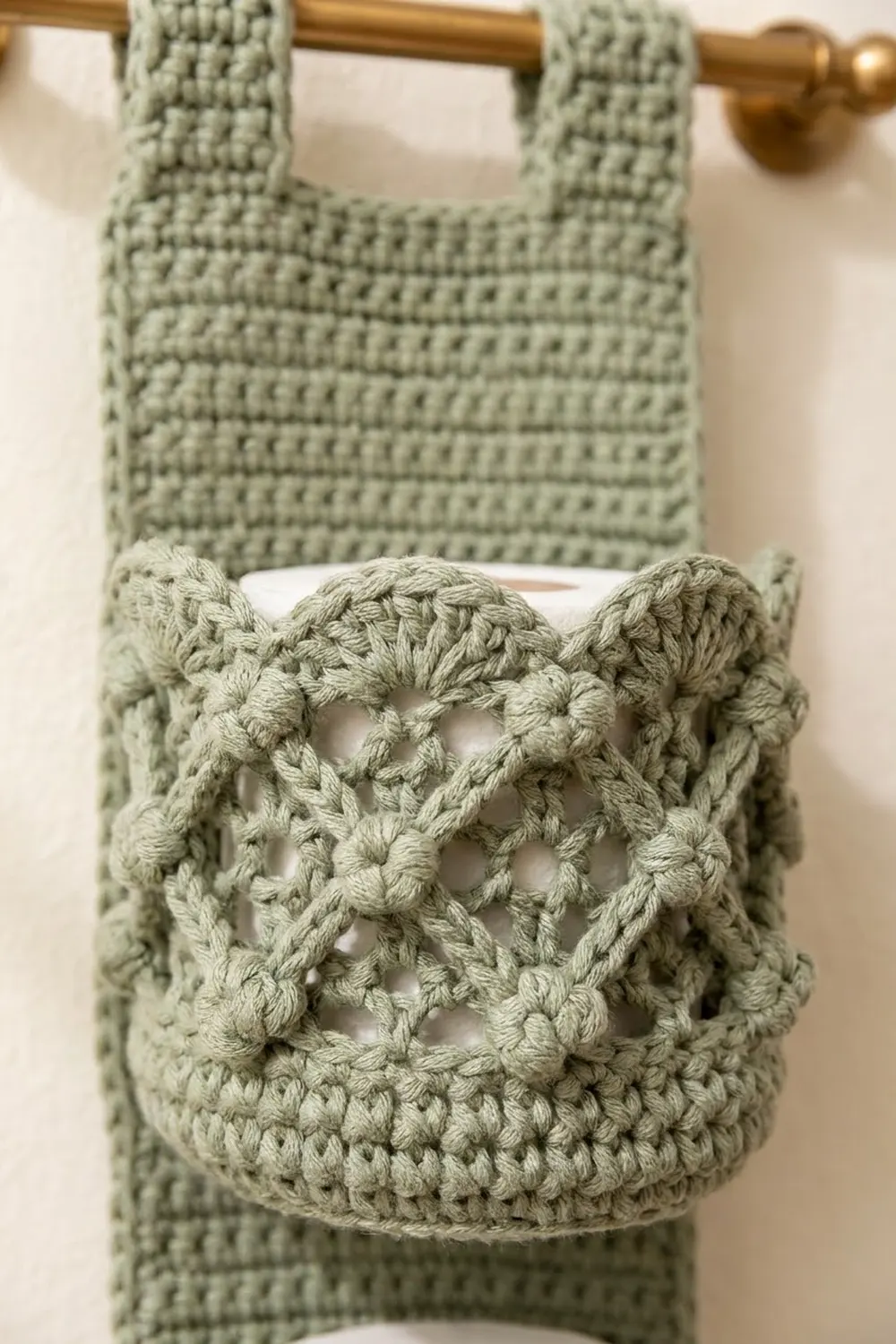 Crocheted sage-green tote with delicate butterfly lace detail displayed on a brass curtain rod.