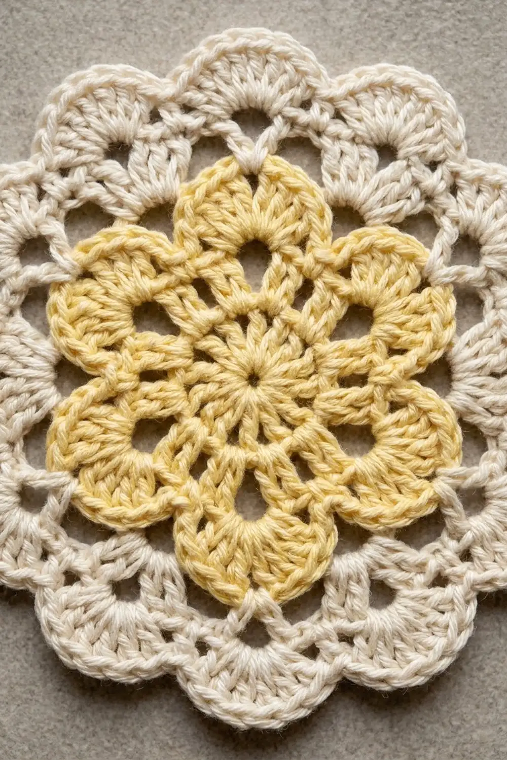 Crocheted square motif with yellow center flower surrounded by cream-colored petals on gray background.