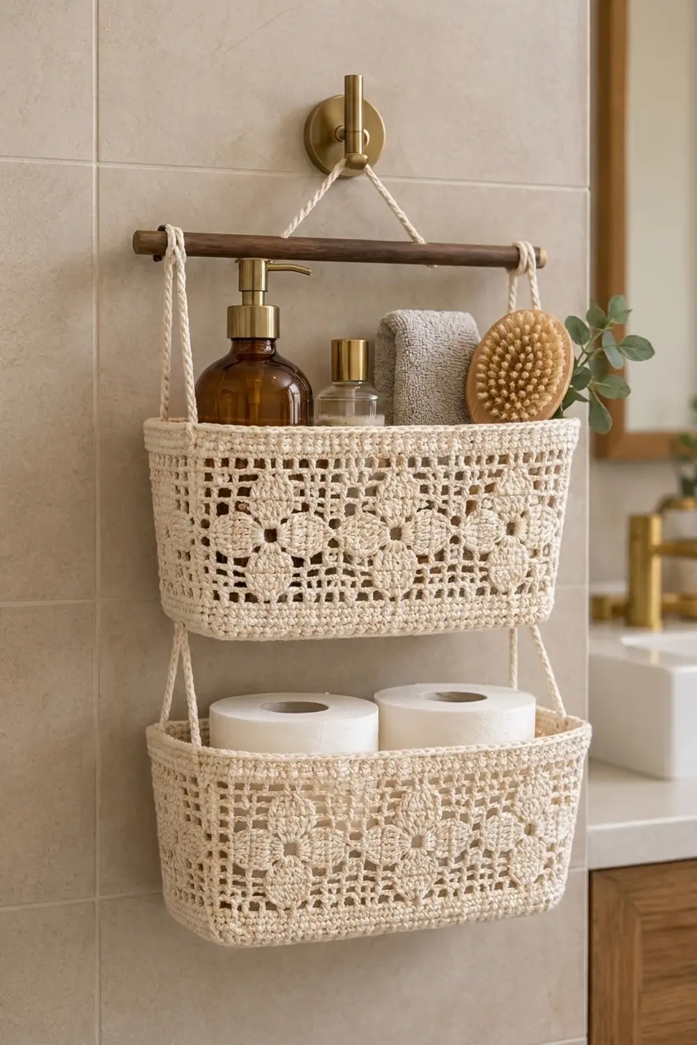 Two-tier cream crochet hanging organizer with lace patterns displays bath essentials and toiletries in a minimalist bathroom.