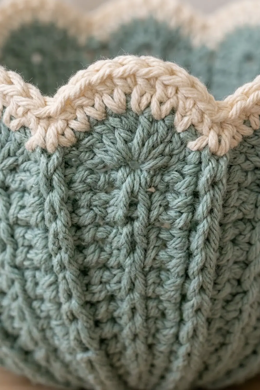 Detailed close-up of sage-green crocheted textile with cream trim, displaying textured crochet stitch detail.