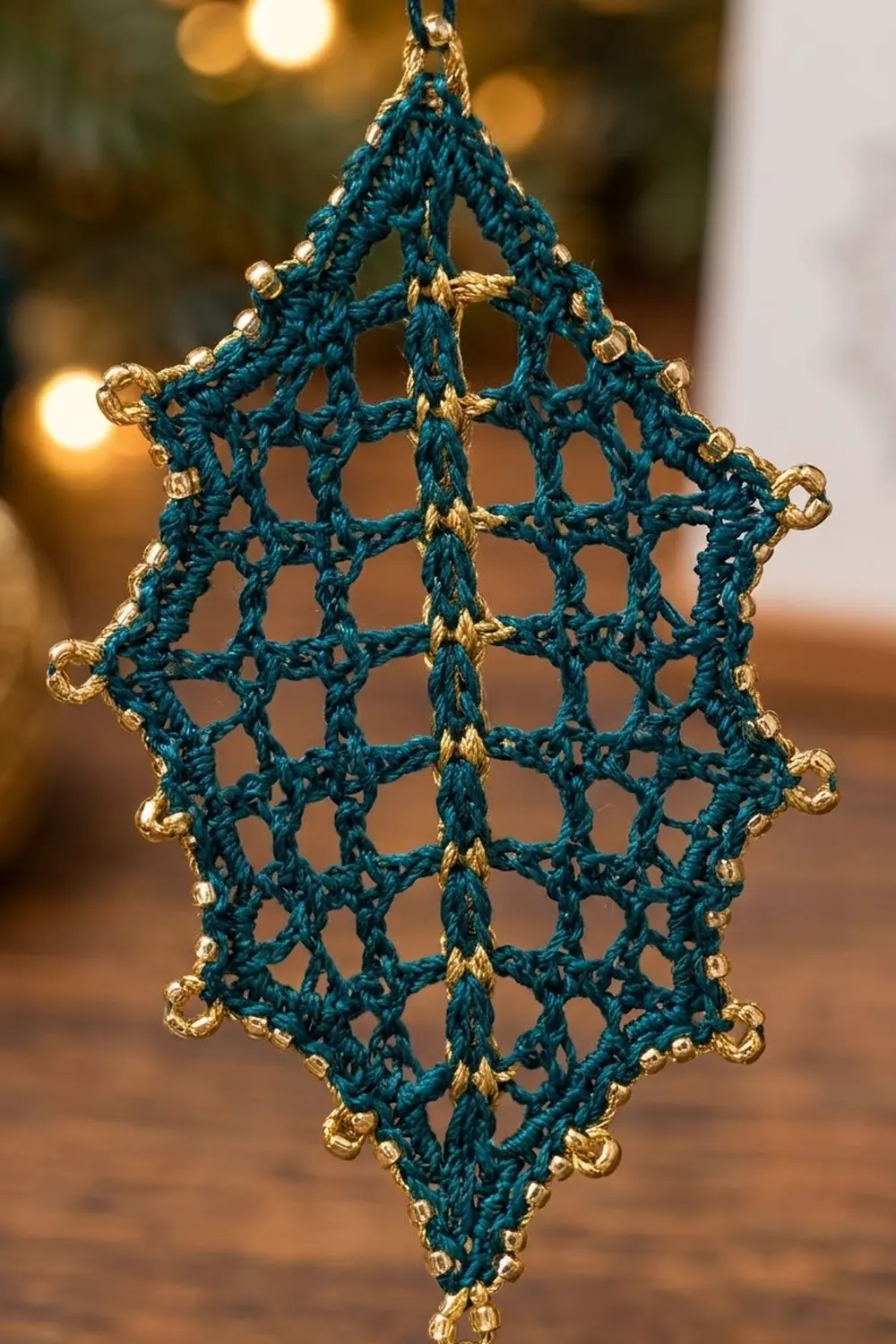 Deep teal crocheted diamond-shaped ornament with metallic gold corner beads, photographed against warm bokeh lights.