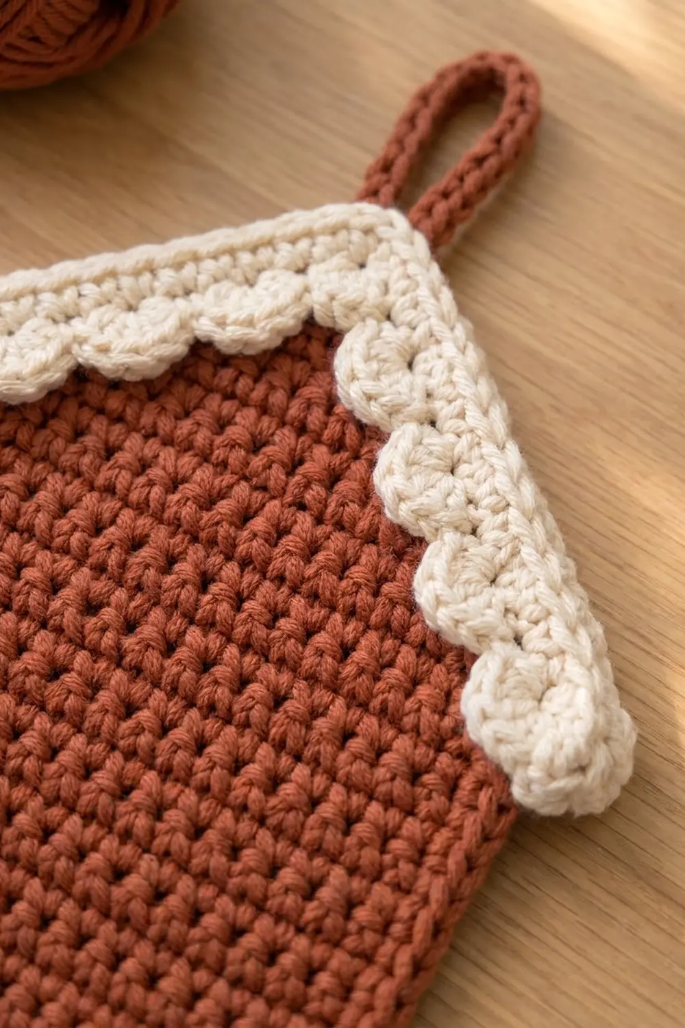 Crocheted bag with rust body, cream scalloped edging, and braided handle detail on wooden surface.