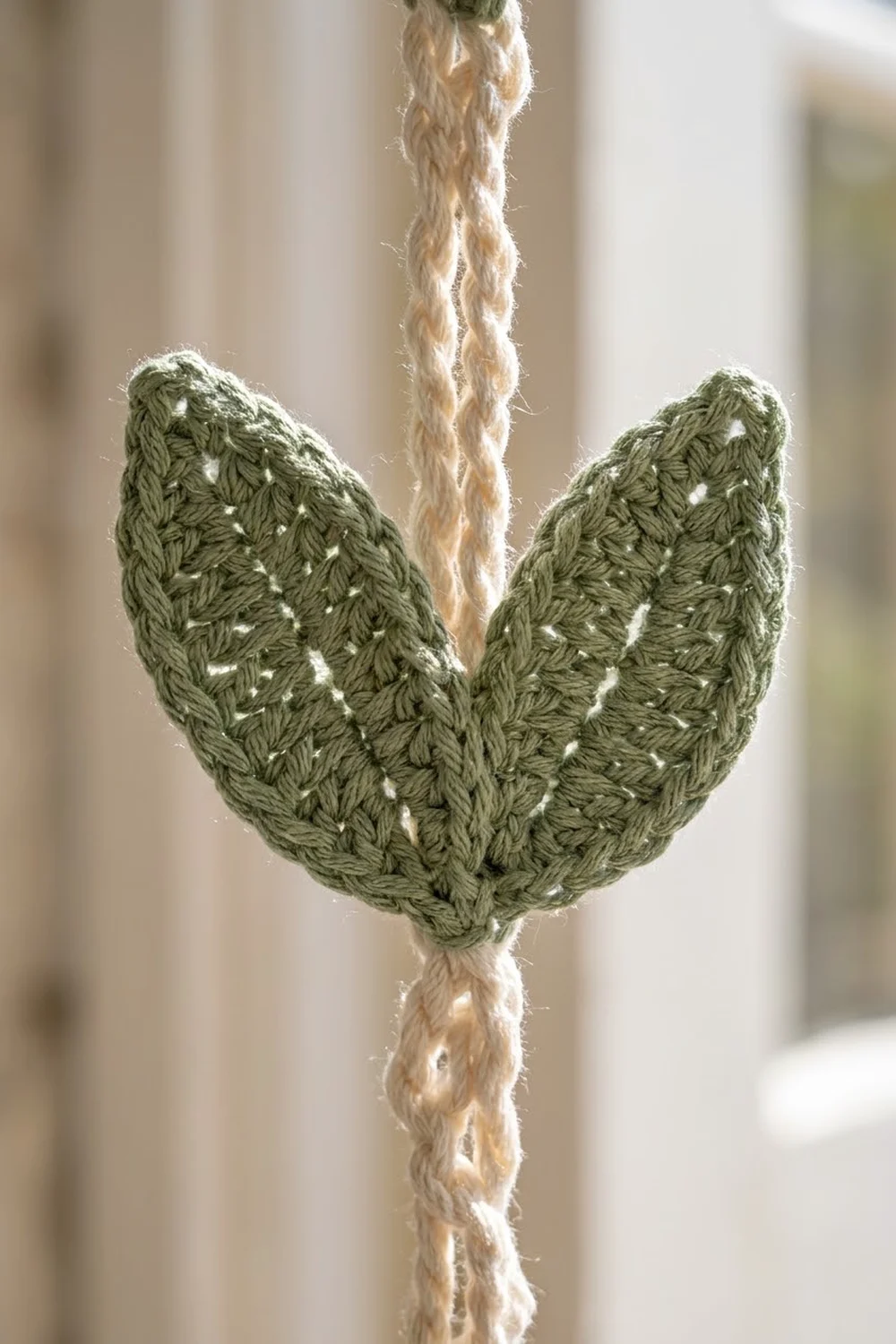 Sage-green crocheted leaf with openwork pattern hanging from twisted natural twine rope.