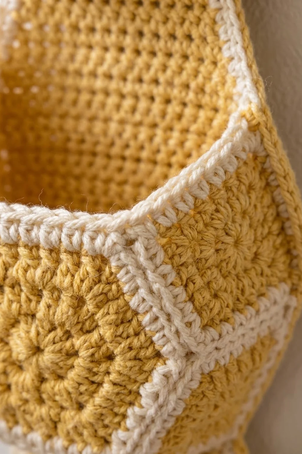 Mustard-yellow crocheted fabric with cream ribbed trim edge, showing intricate open-stitch texture detail.
