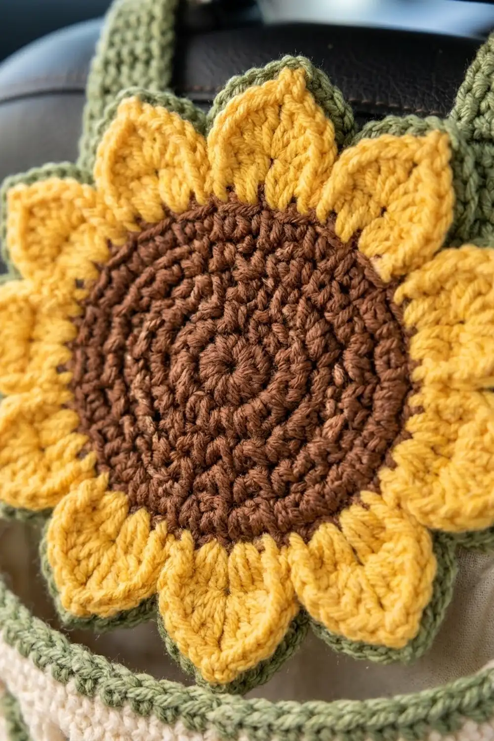 Crocheted sunflower with yellow petals, brown textured center, and green stem held in hand.