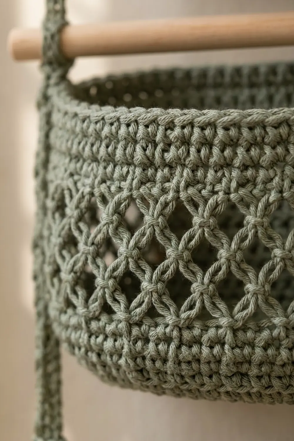 Sage-green crocheted bag detail showing solid stitching above delicate openwork lace with wooden handle.