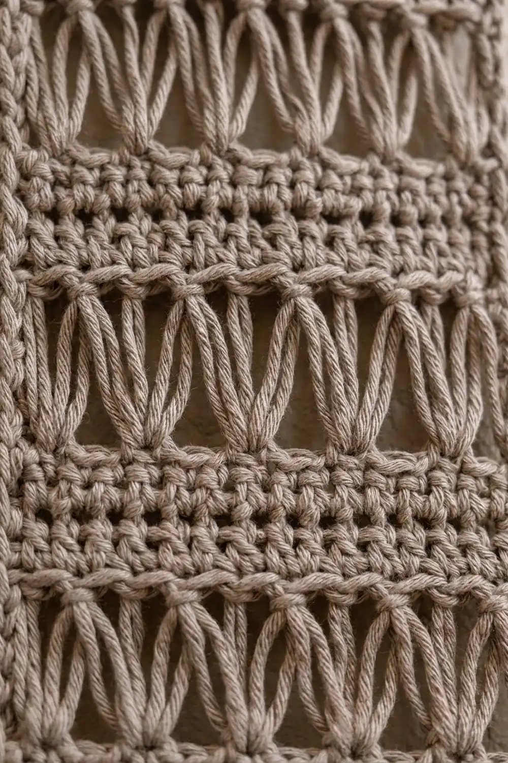 Cream crocheted textile showing layered textured stitches with openwork details creating a geometric pattern.