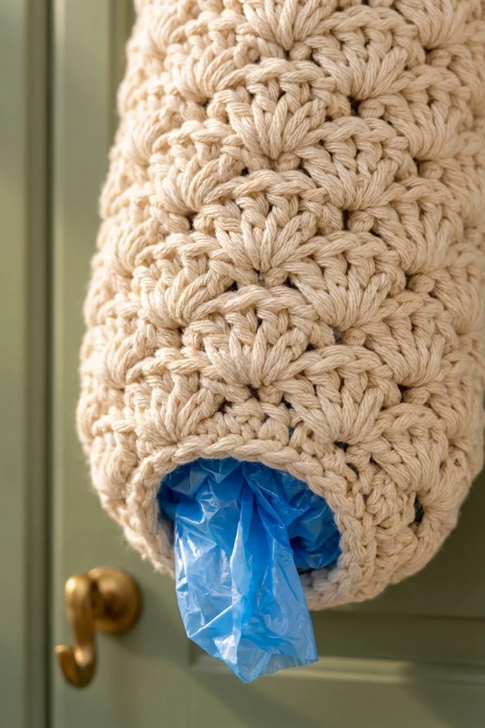 Cream crocheted bag dispenser with bobble stitch dispensing bright blue plastic from bottom opening on a sage-green door.