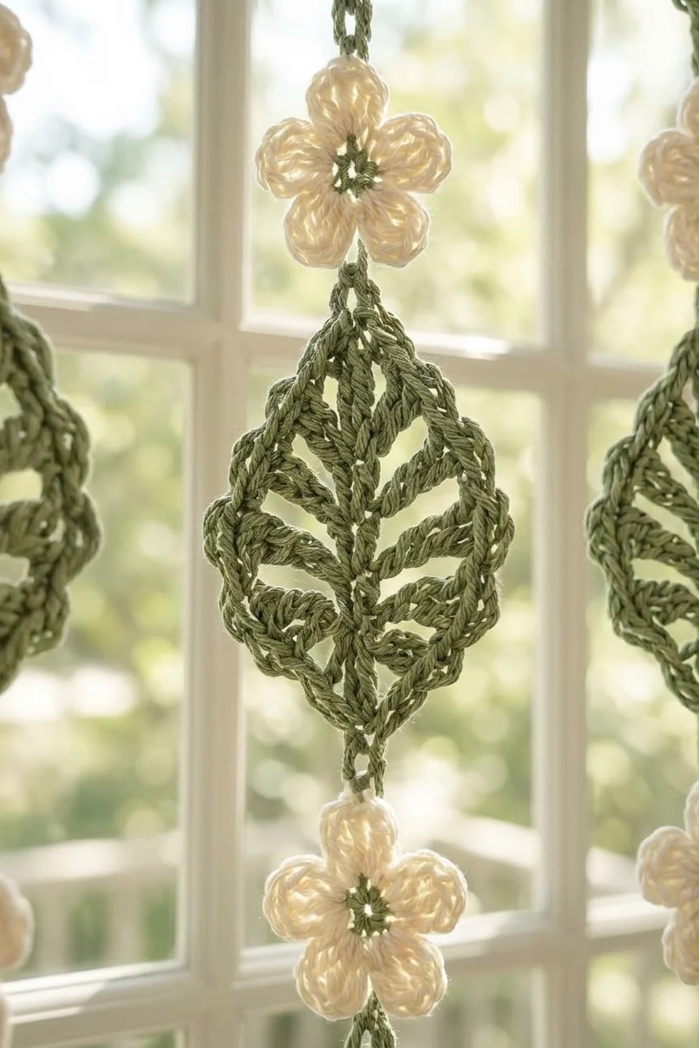 A cream-colored crocheted flower ornament hangs from green twine above a green leaf-patterned ornament against a window.