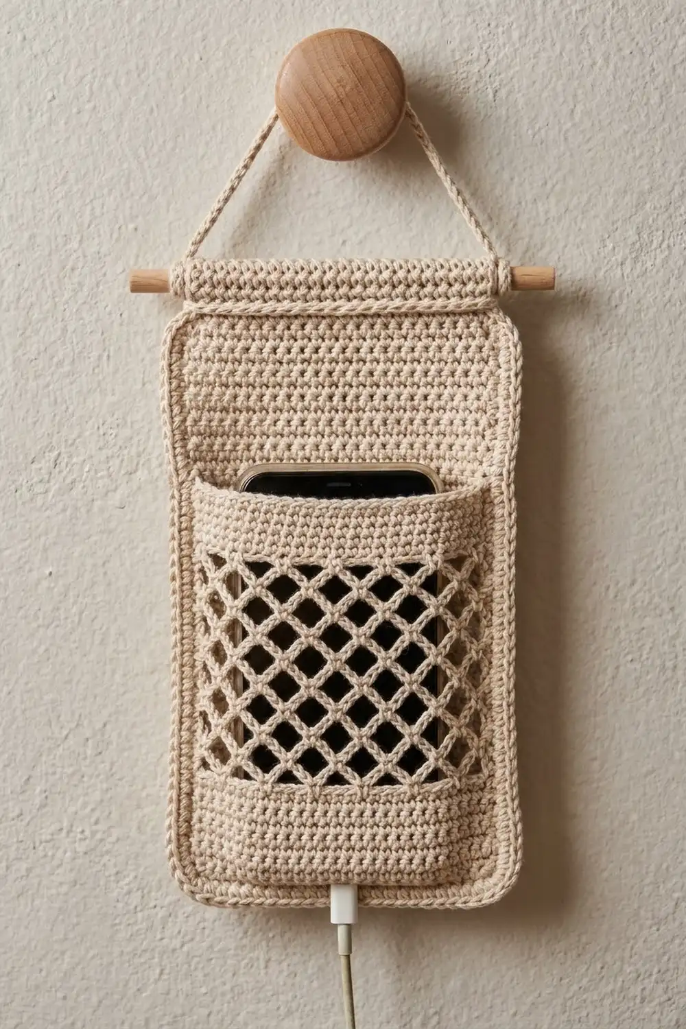 Cream crocheted phone holder with wooden top knob mounted on white wall, with openwork lattice panel.