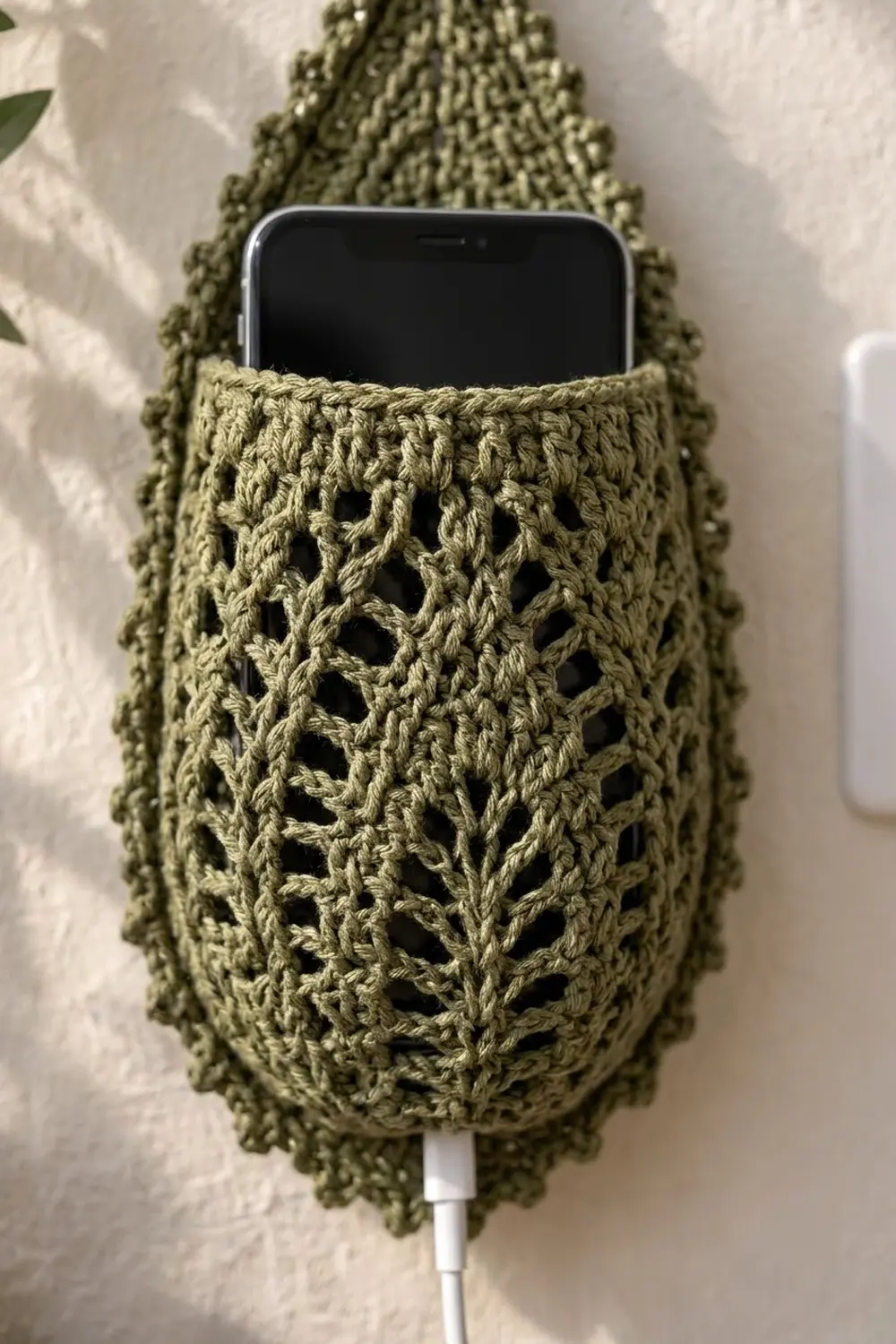 A sage green crochet phone pouch with intricate open-stitch pattern holds a black smartphone with dangling white cable.