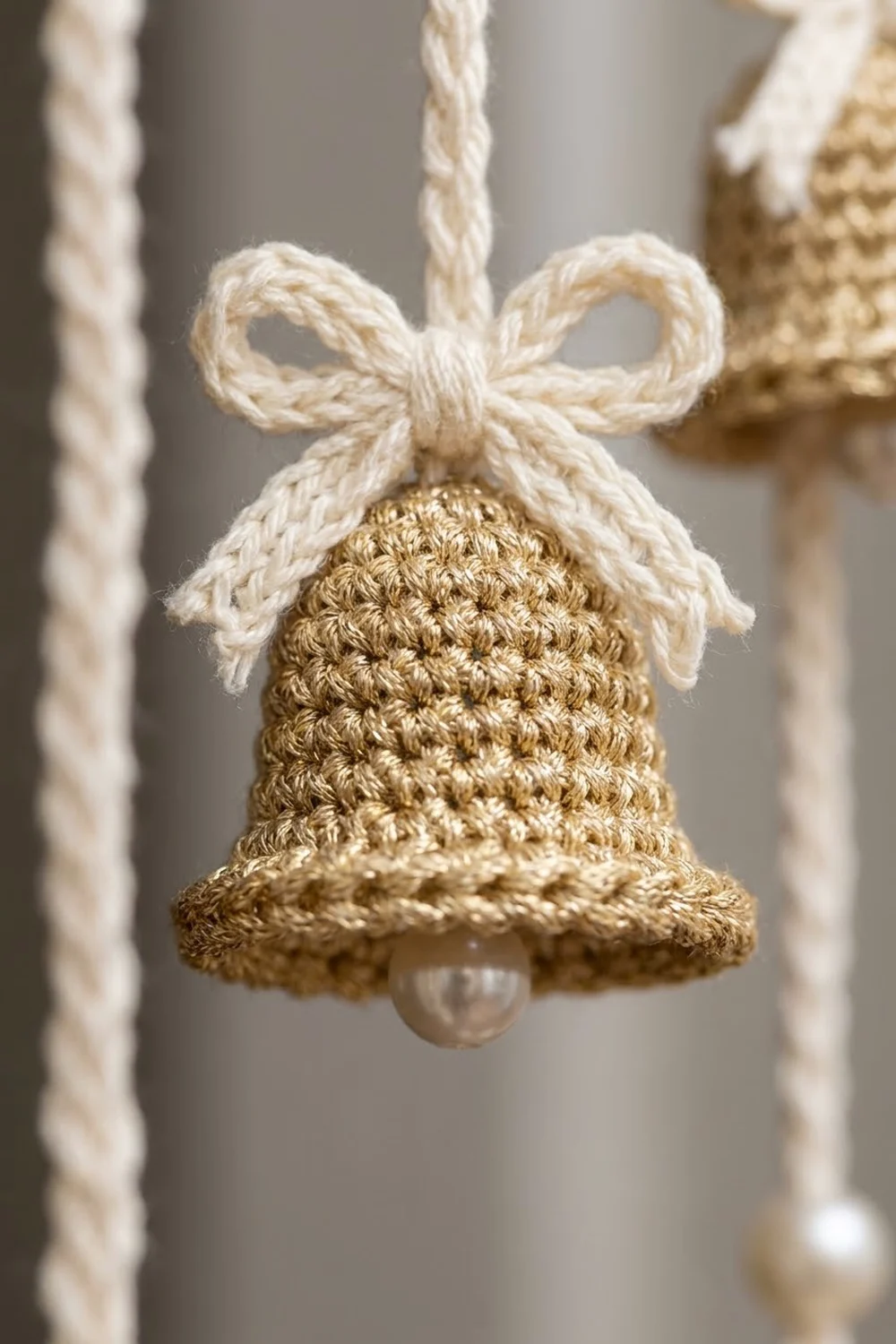 Crocheted bell ornament in beige with a cream ribbon bow and pearl bead, hanging from twine.