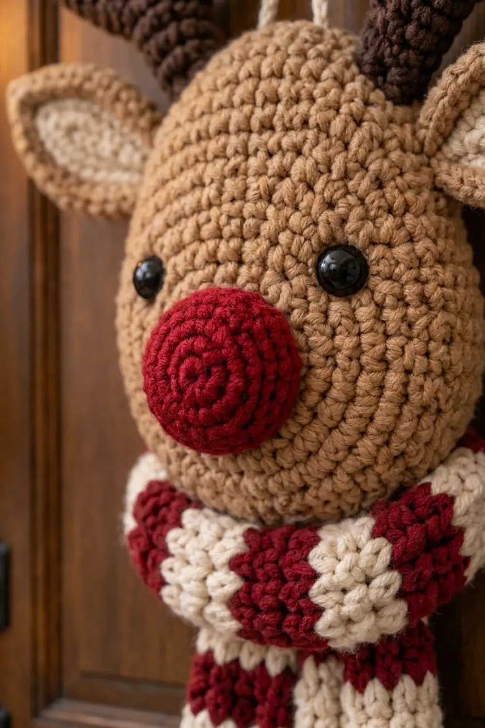 Close-up of a tan crocheted reindeer with black eyes, red nose, wearing a red and white striped sweater.