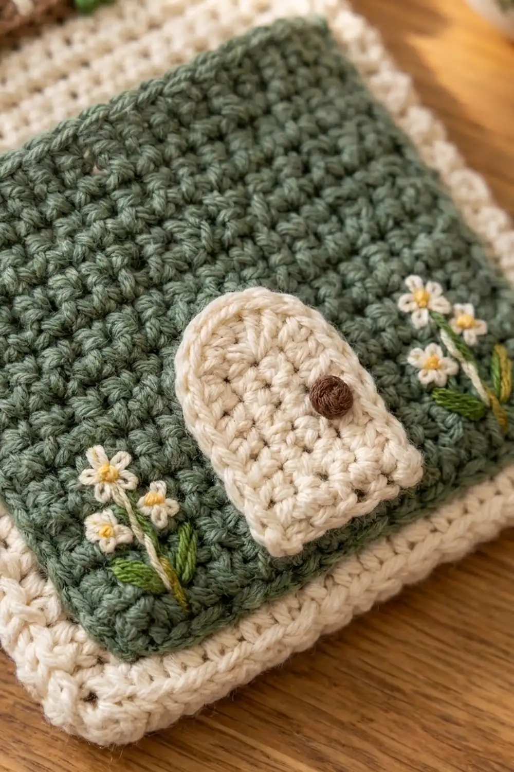 Cream crocheted skull with embroidered eyes beside sage-green crochet adorned with white embroidered daisies on wood.