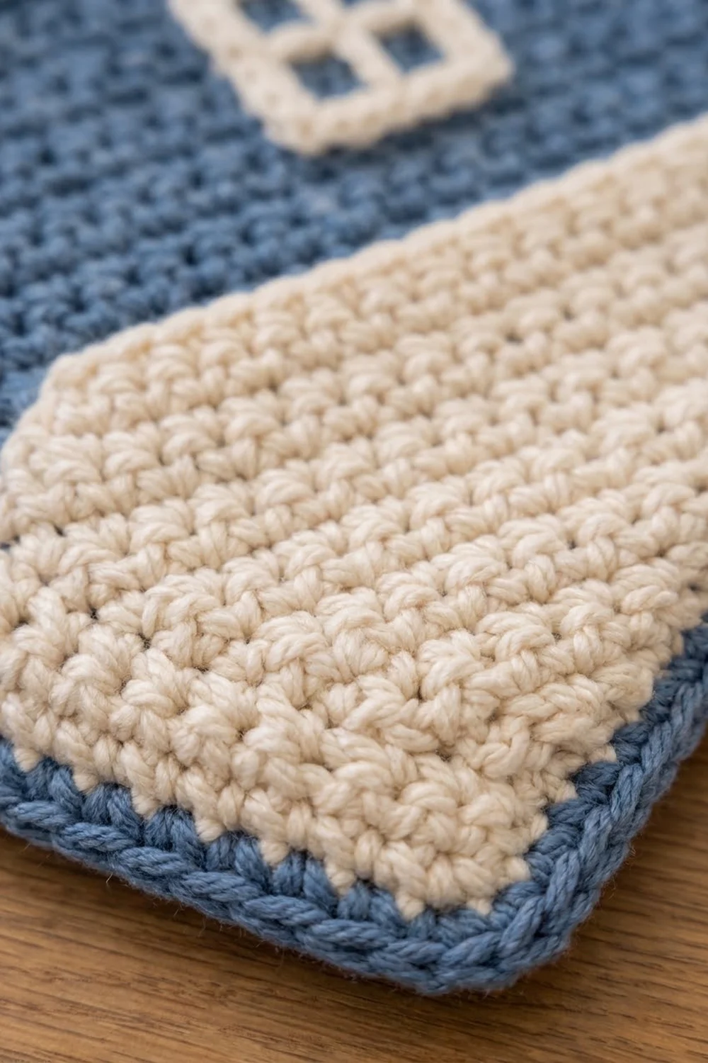 Close-up of cream textured crocheted fabric with blue border, displayed on wood with blurred details in background.