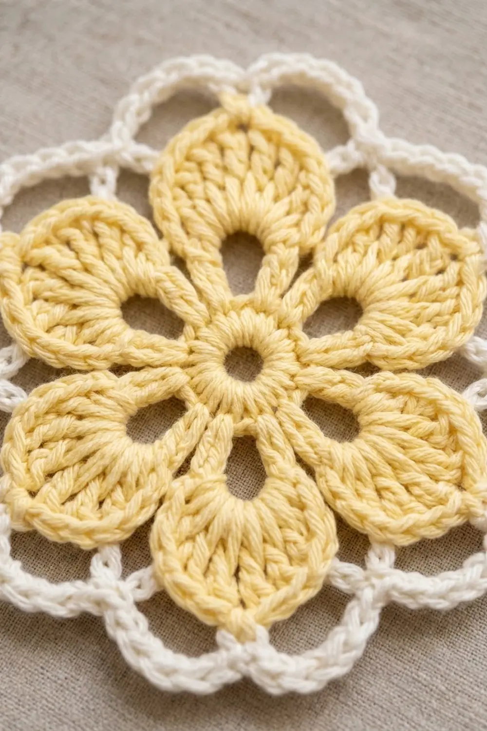 Crocheted flower motif with yellow petals and white outer ring on beige fabric background.