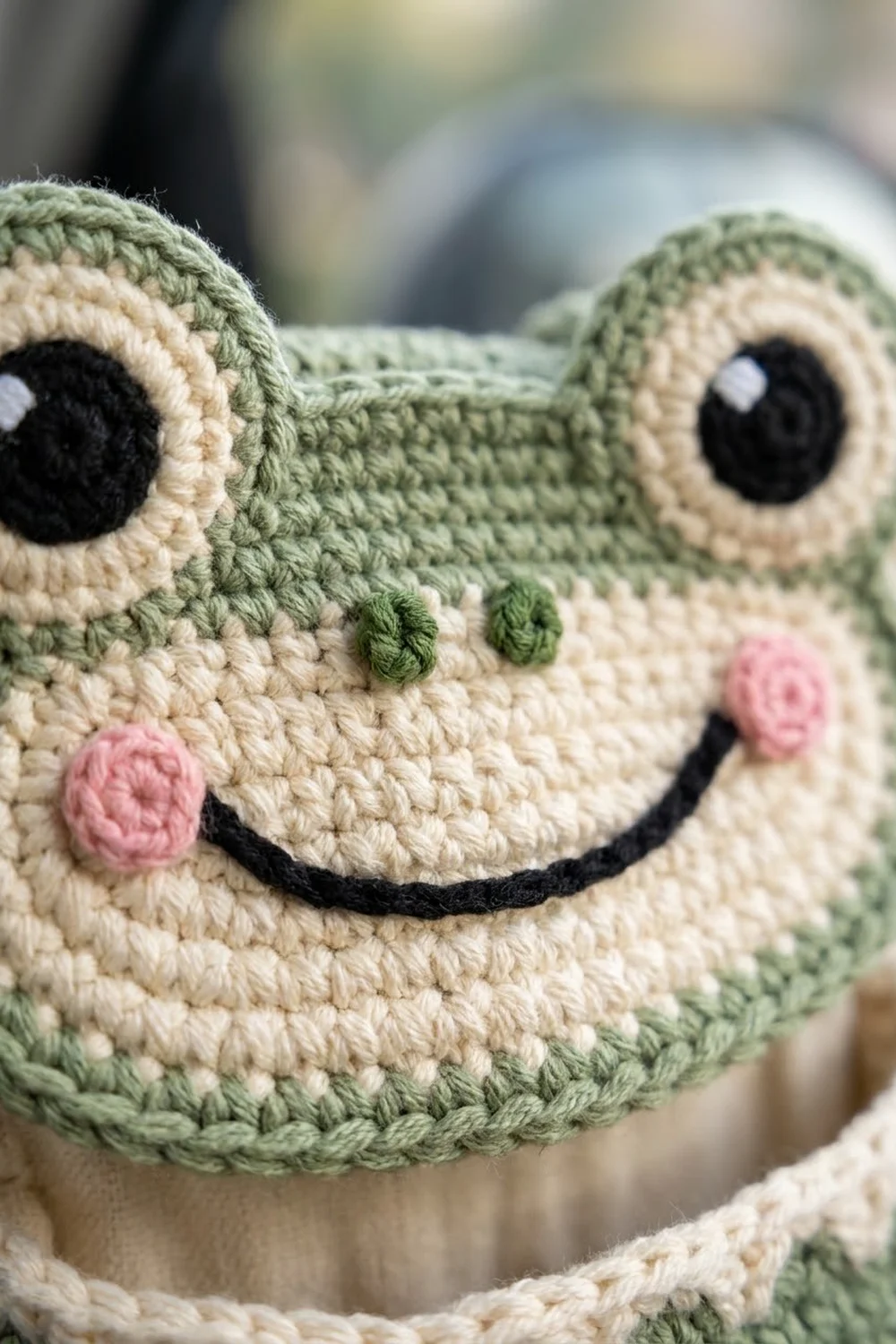 Crocheted frog amigurumi in green and cream with large black eyes, pink cheeks, and a stitched smile in close-up.