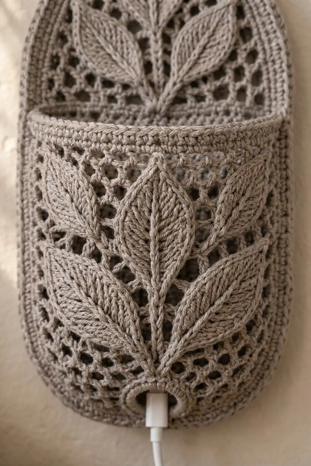 Close-up of cream crocheted fabric with leaf-motif lace pattern and open stitches, featuring a white drawstring.