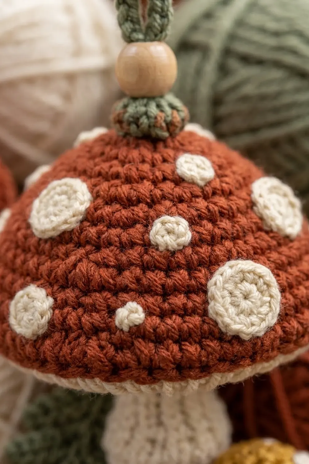 Crocheted mushroom ornament with rust-red spotted cap, natural wood bead top, and green leaves on soft background.