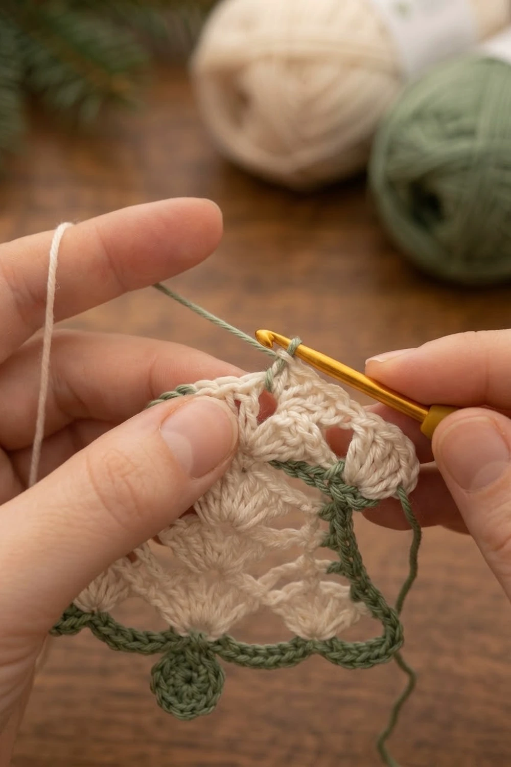 Close-up of hands crocheting a cream-colored piece with green trim using a golden crochet hook.