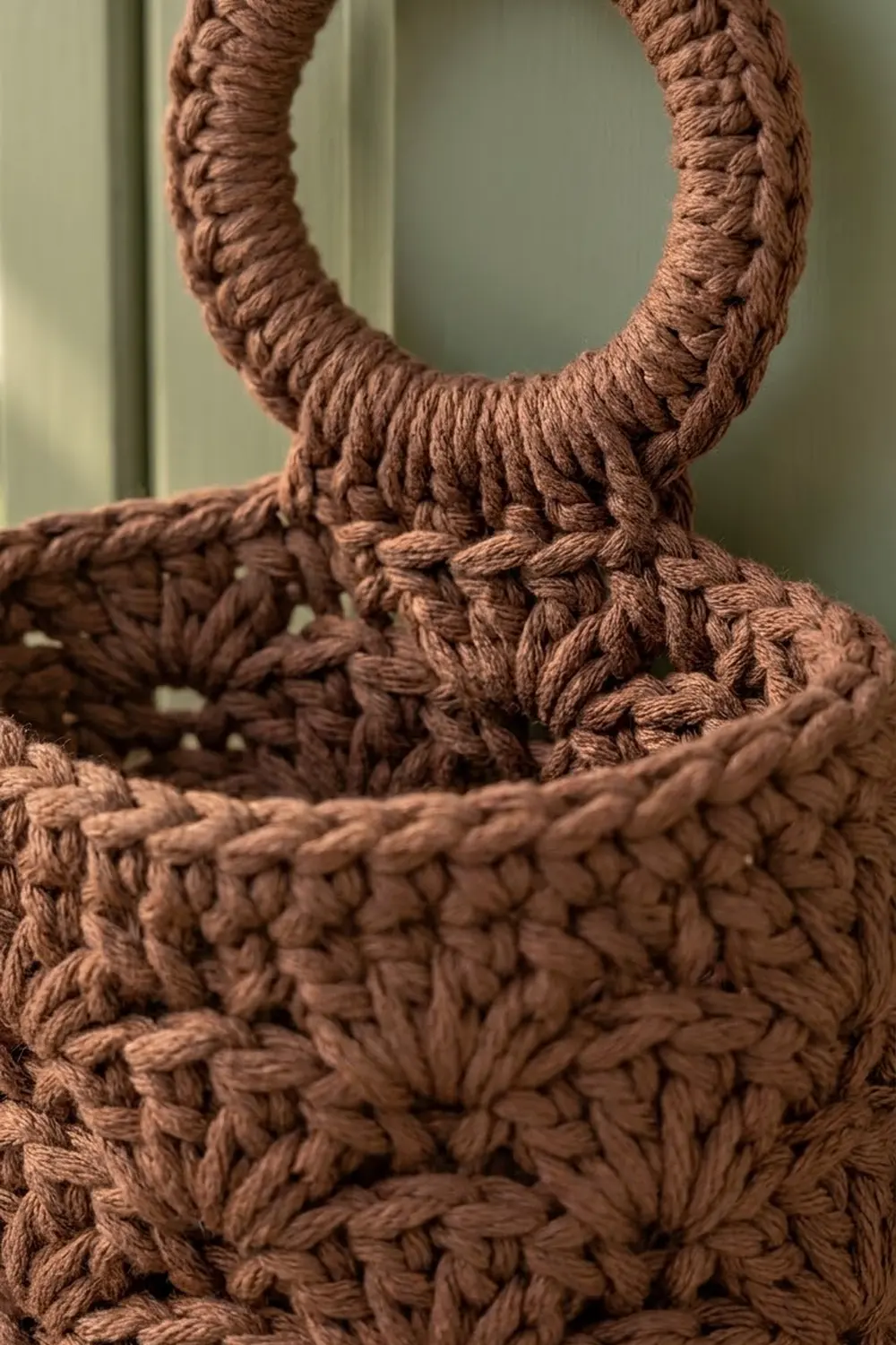 Close-up of tan crochet basket with raised textured stitches and looped handles on green background.