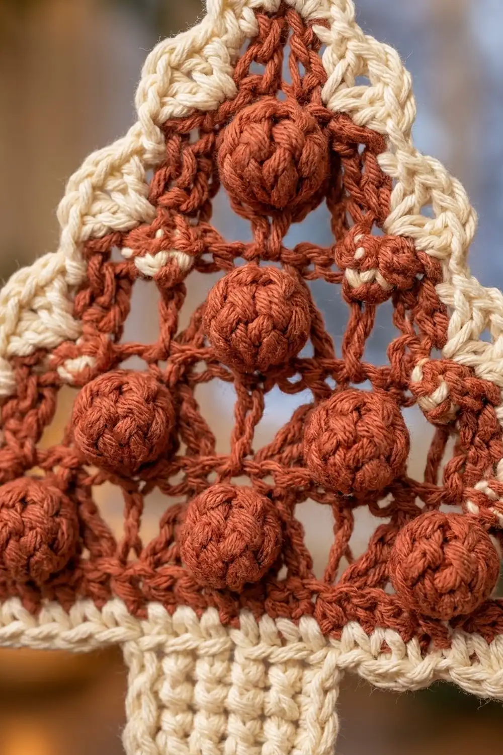 Close-up of a rust and cream crocheted fabric showing textured bobbled stitches and twisted border detail.