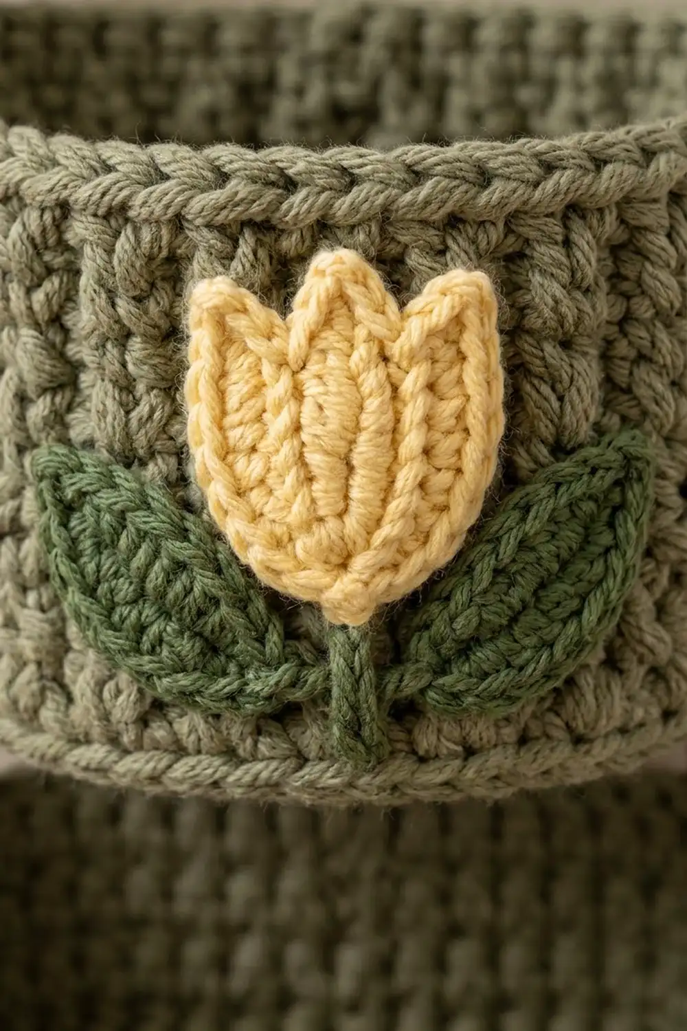 Cream-colored crocheted heart appliqué on layered knit fabric in sage green and taupe tones.