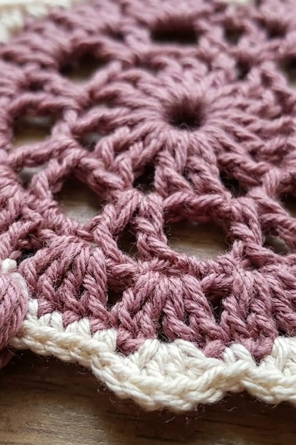 Close-up of a crocheted blanket or throw with mauve and cream-colored granny square pattern on wooden surface.