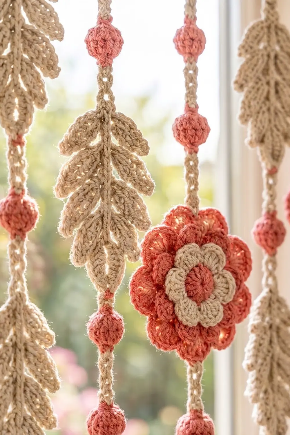 Crocheted leaf and flower ornaments in tan and coral pink with bead accents, hanging by braided cords at a window.